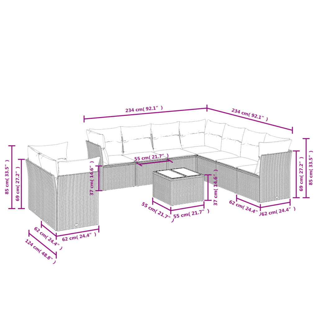 Set Divano da Giardino 10 pz con Cuscini Beige in Polyrattan