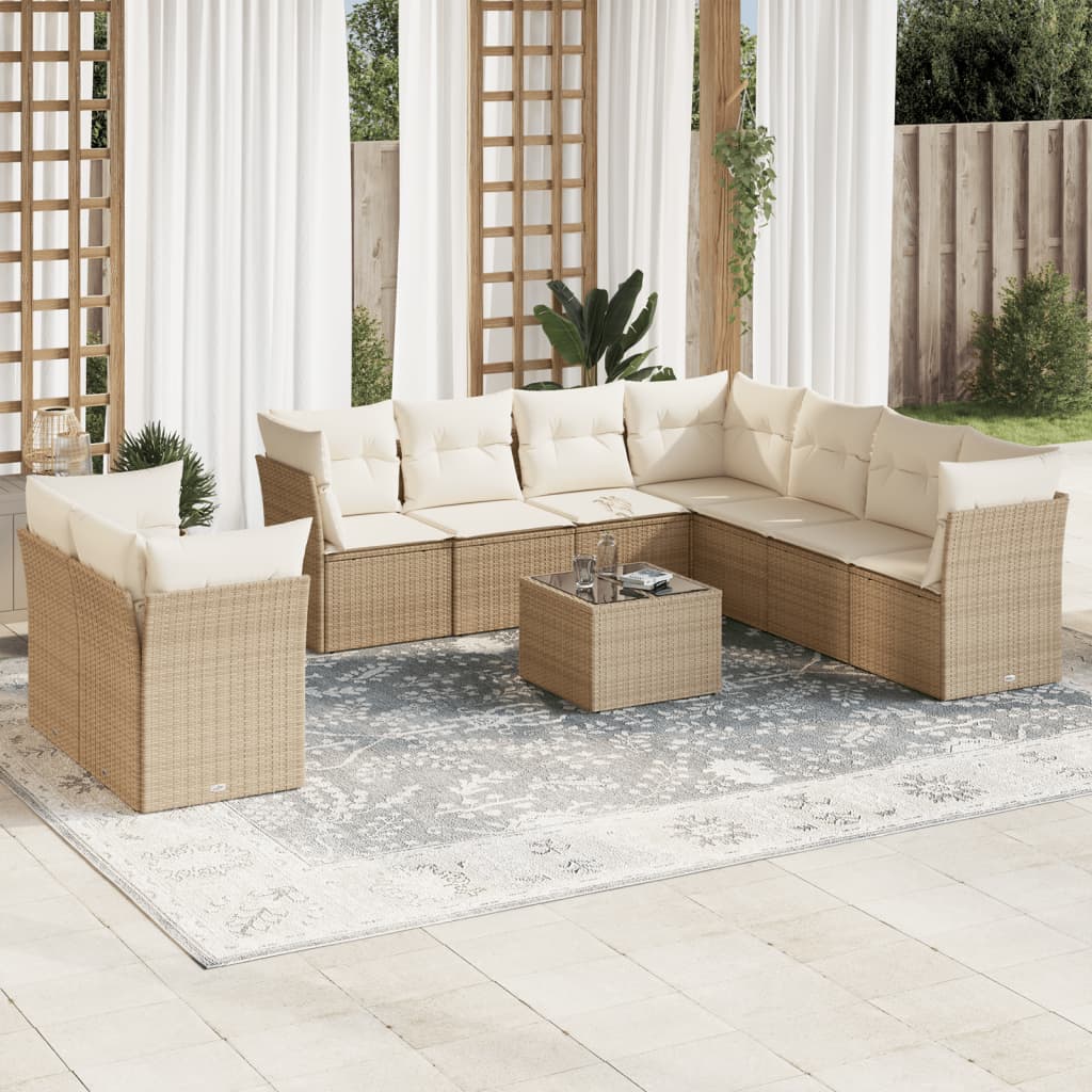 Set Divano da Giardino 10 pz con Cuscini Beige in Polyrattan