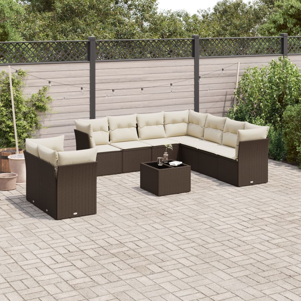 Set Divani da Giardino 10pz con Cuscini in Polyrattan Marrone