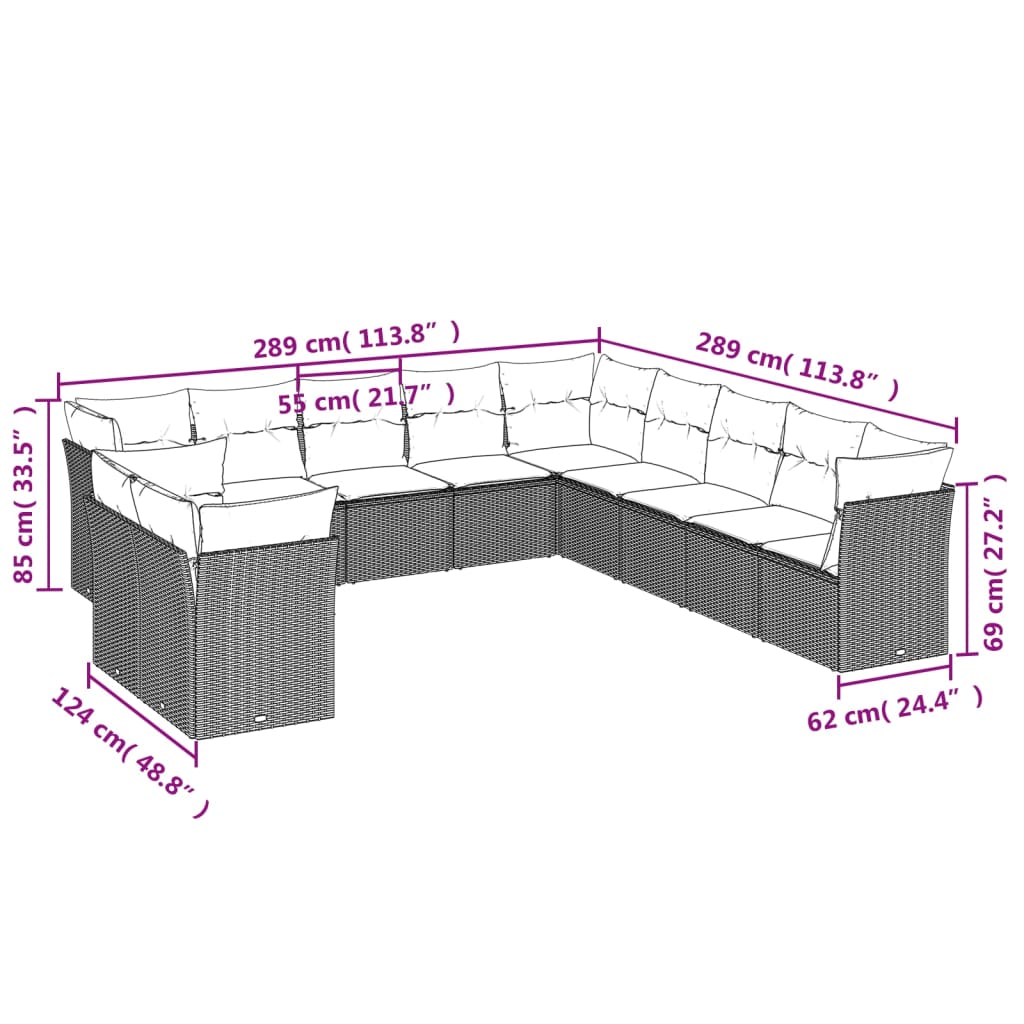 Set Divani da Giardino 11 pz con Cuscini Beige in Polyrattan