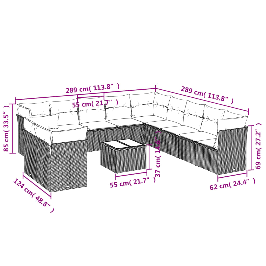 Set Divani da Giardino 12 pz con Cuscini Marrone in Polyrattan