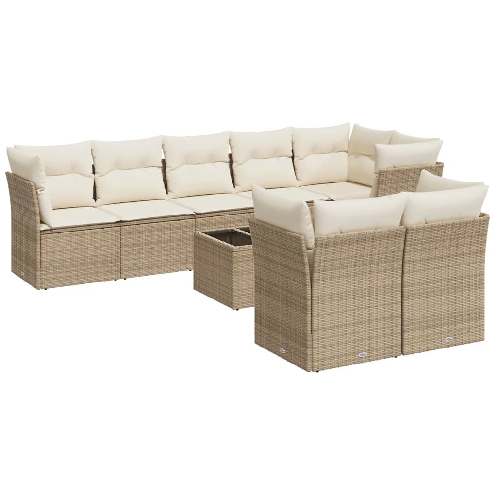 Set Divano da Giardino 9 pz con Cuscini Beige in Polyrattan