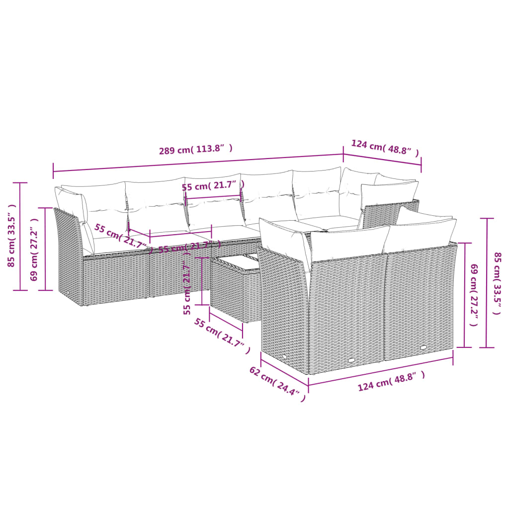 Set Divano da Giardino 9 pz con Cuscini Beige in Polyrattan