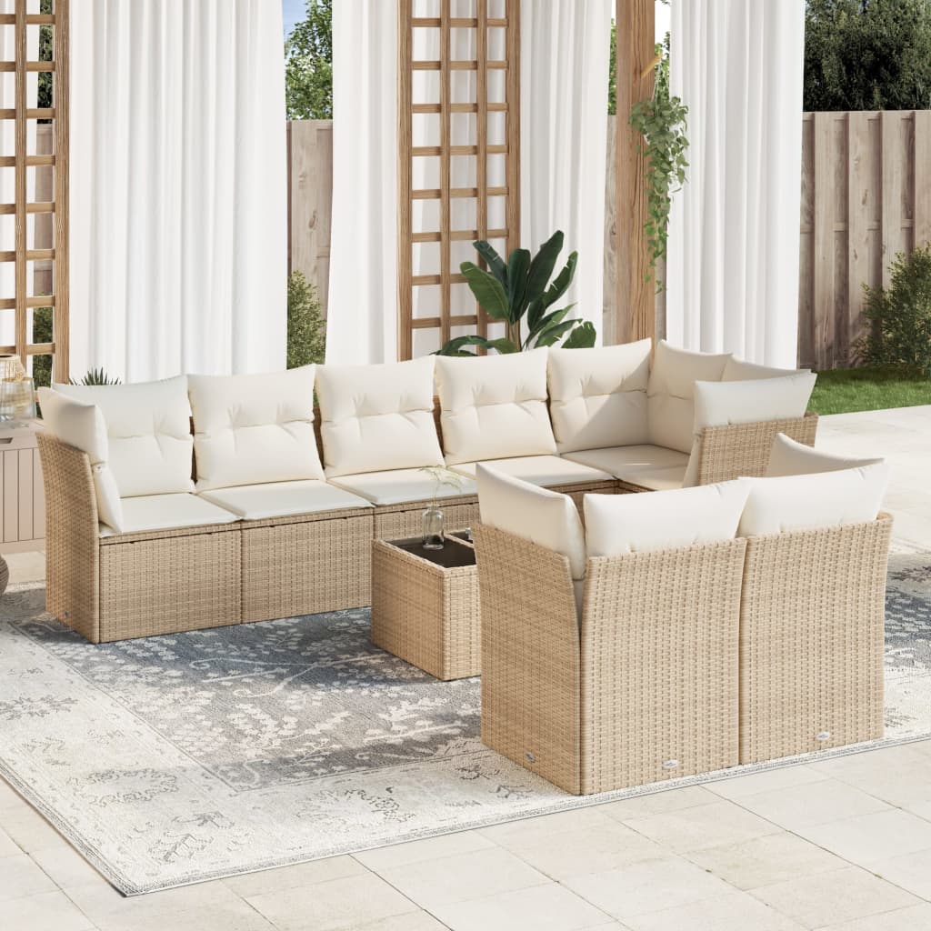 Set Divano da Giardino 9 pz con Cuscini Beige in Polyrattan