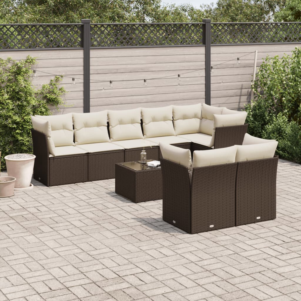 Set Divani da Giardino 9pz con Cuscini Marrone in Polyrattan