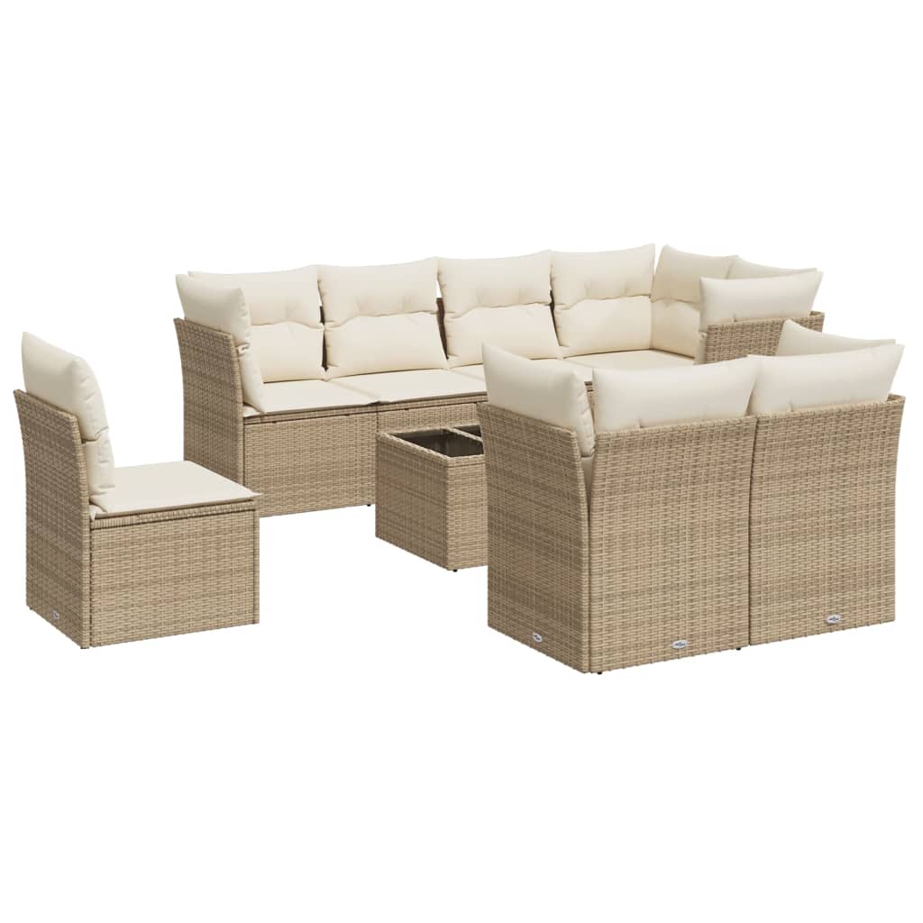 Set Divano da Giardino 9 pz con Cuscini Beige in Polyrattan