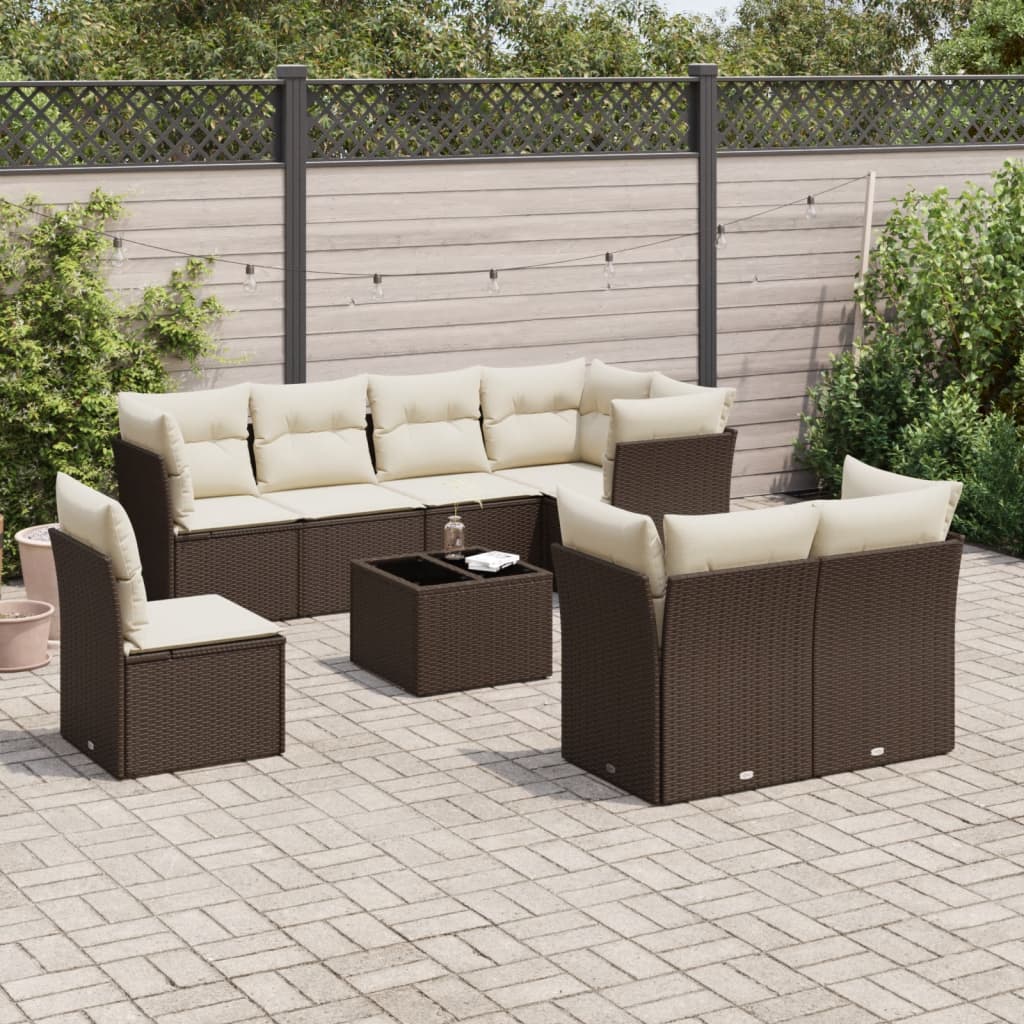 Set Divani da Giardino 9pz con Cuscini Marrone in Polyrattan