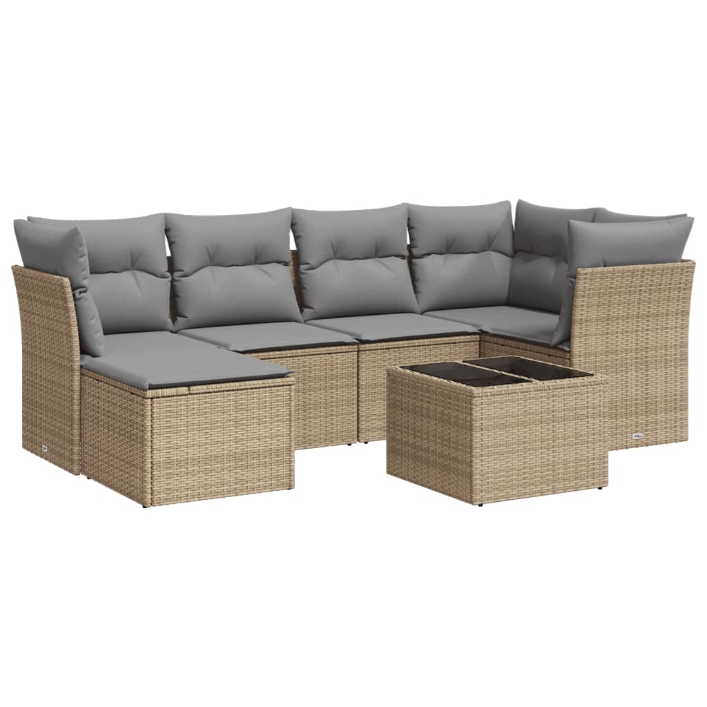 Set Divani da Giardino 7 pz con Cuscini Beige in Polyrattan