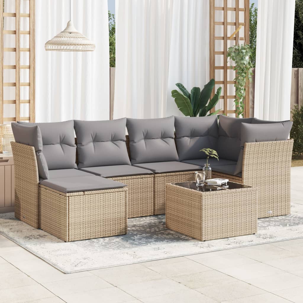 Set Divani da Giardino 7 pz con Cuscini Beige in Polyrattan