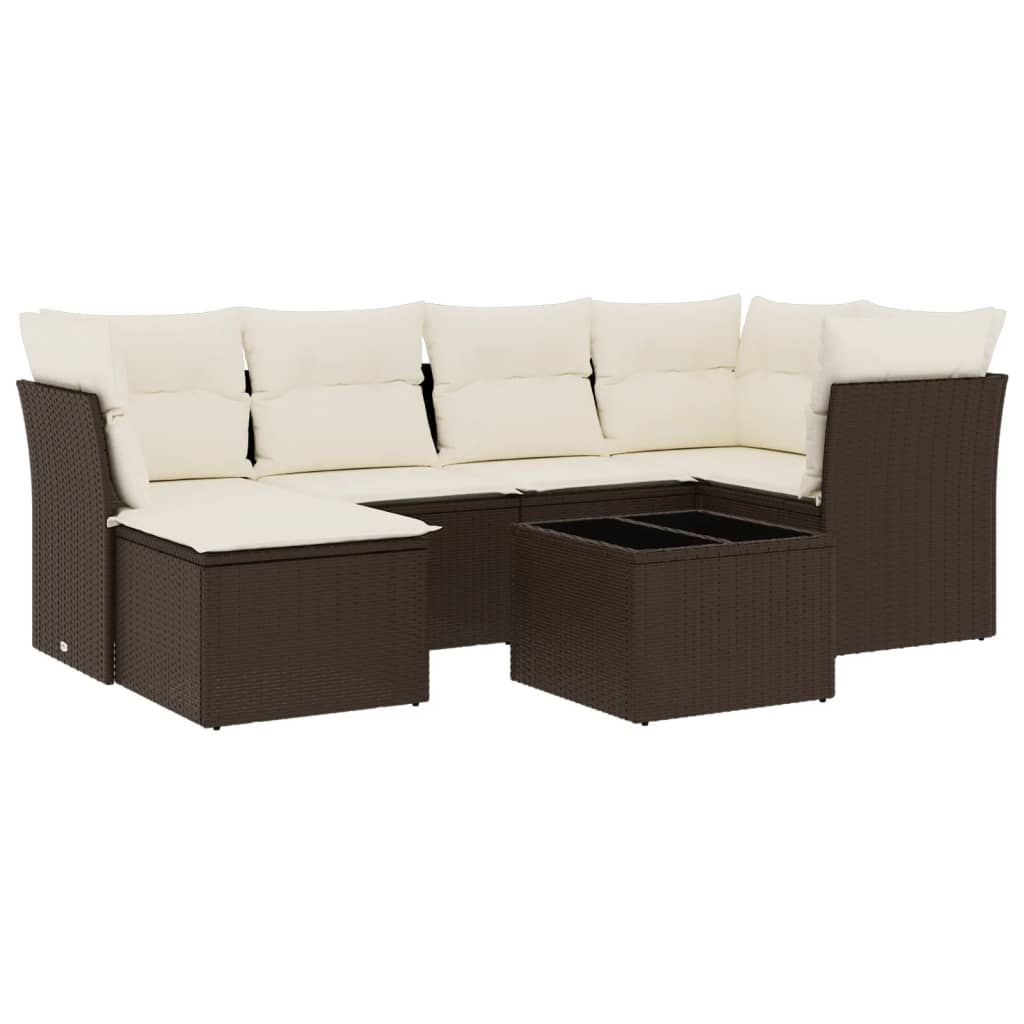 Set Divani da Giardino 7 pz con Cuscini Marrone in Polyrattan