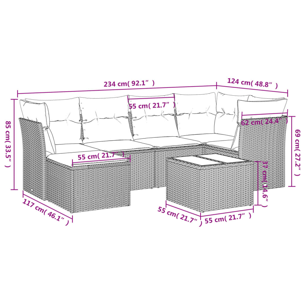 Set Divani da Giardino 7 pz con Cuscini Marrone in Polyrattan