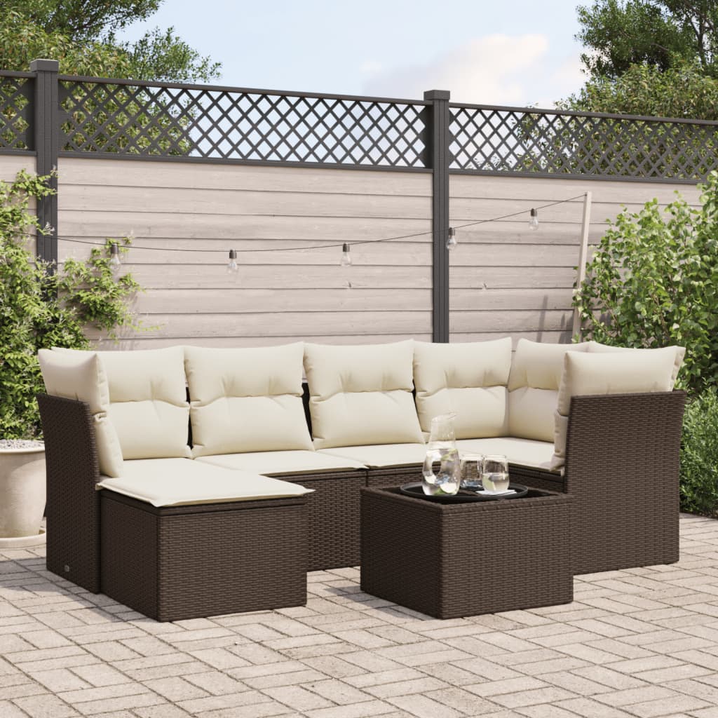 Set Divani da Giardino 7 pz con Cuscini Marrone in Polyrattan