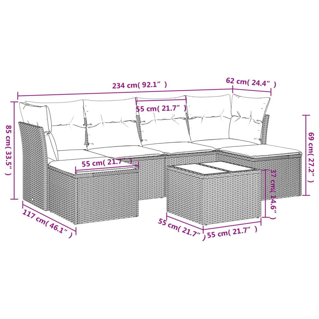 Set Divani da Giardino 7 pz con Cuscini Marrone in Polyrattan