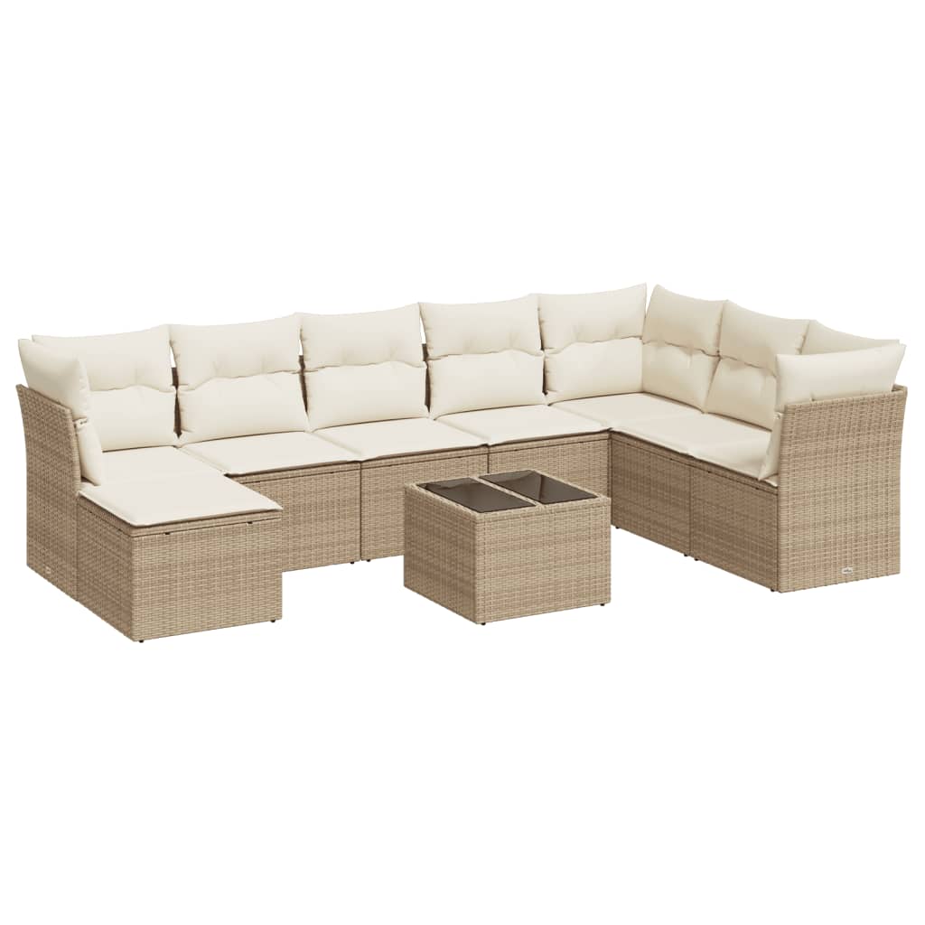 Set Divano da Giardino 9 pz con Cuscini Beige in Polyrattan