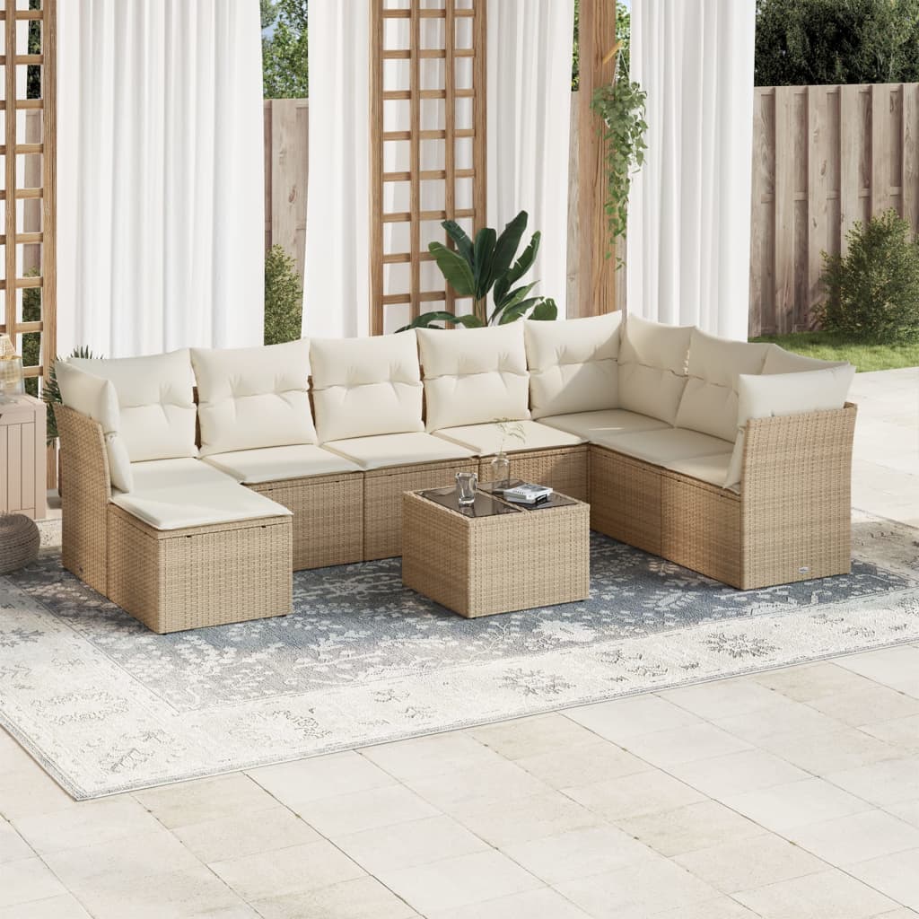 Set Divano da Giardino 9 pz con Cuscini Beige in Polyrattan