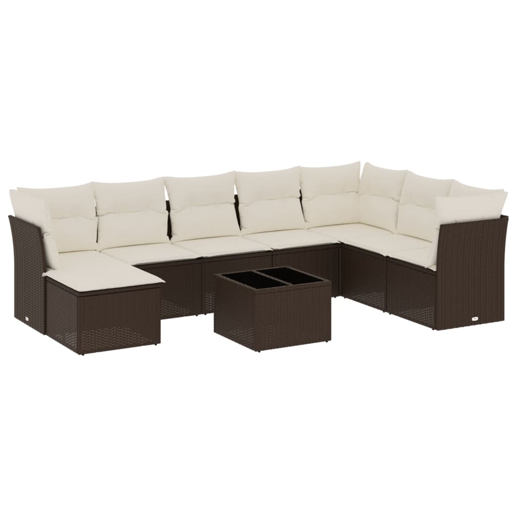 Set Divani da Giardino 9pz con Cuscini Marrone in Polyrattan