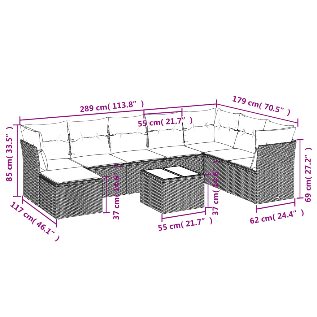 Set Divani da Giardino 9pz con Cuscini Marrone in Polyrattan