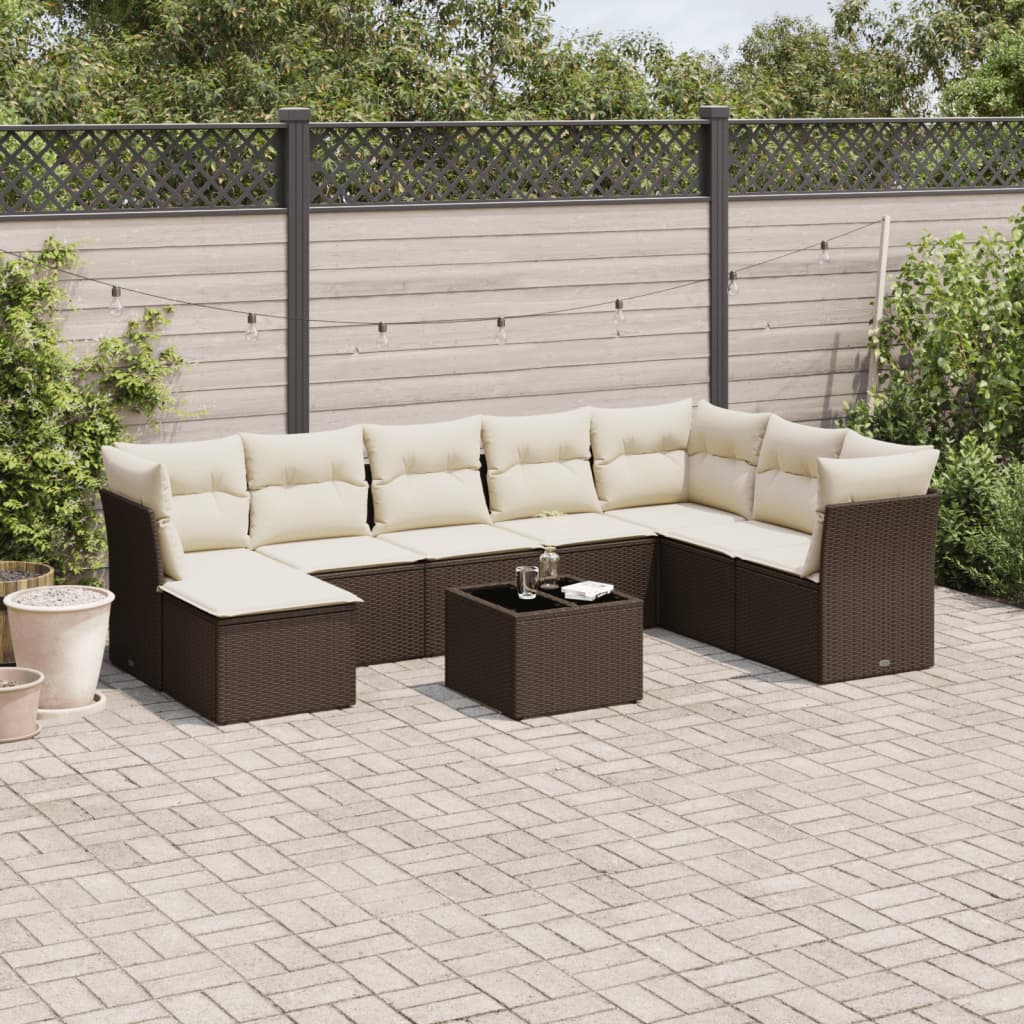 Set Divani da Giardino 9pz con Cuscini Marrone in Polyrattan