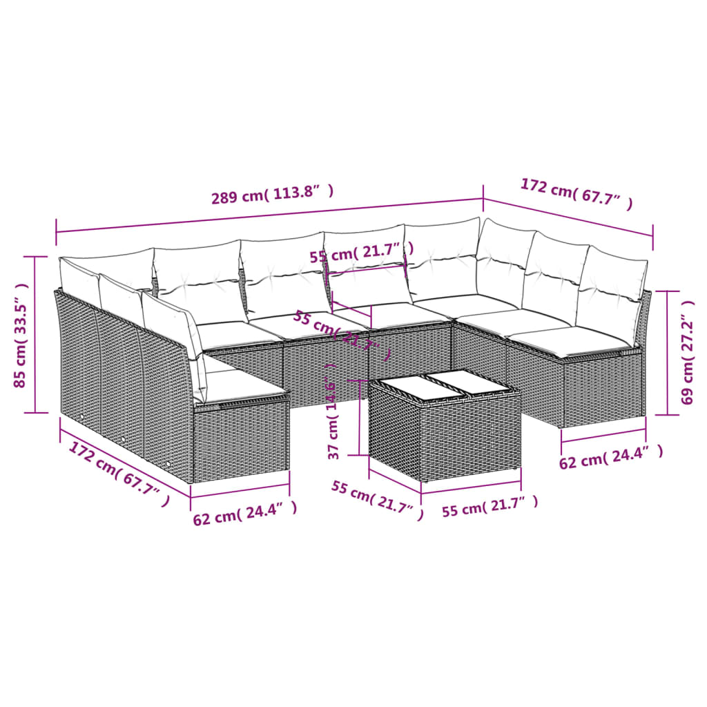 Set Divano da Giardino 10 pz con Cuscini Beige in Polyrattan