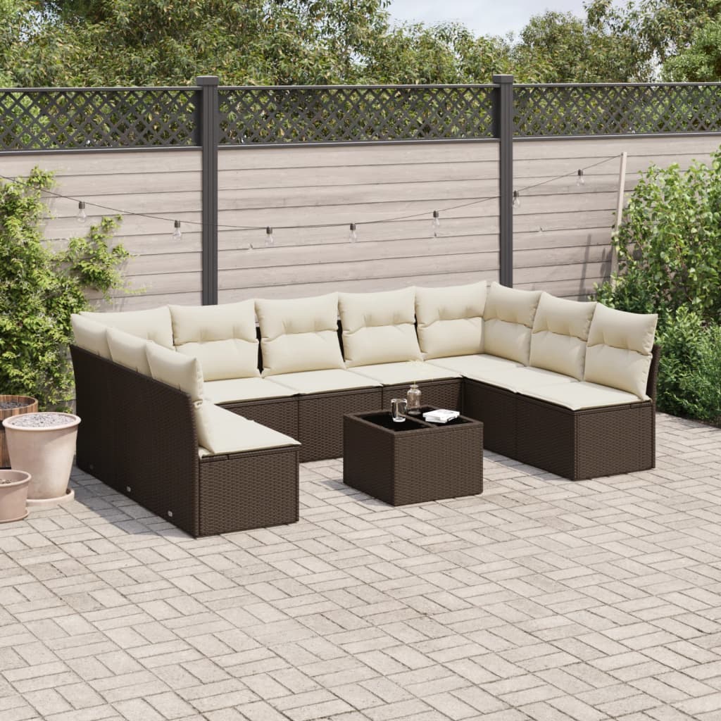 Set Divani da Giardino 10pz con Cuscini in Polyrattan Marrone