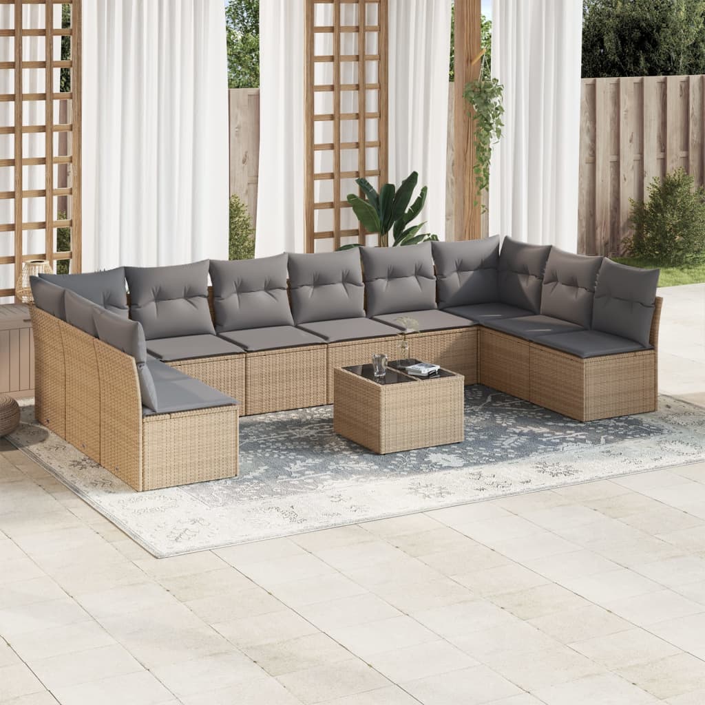 Set Divani da Giardino 11 pz con Cuscini Beige in Polyrattan