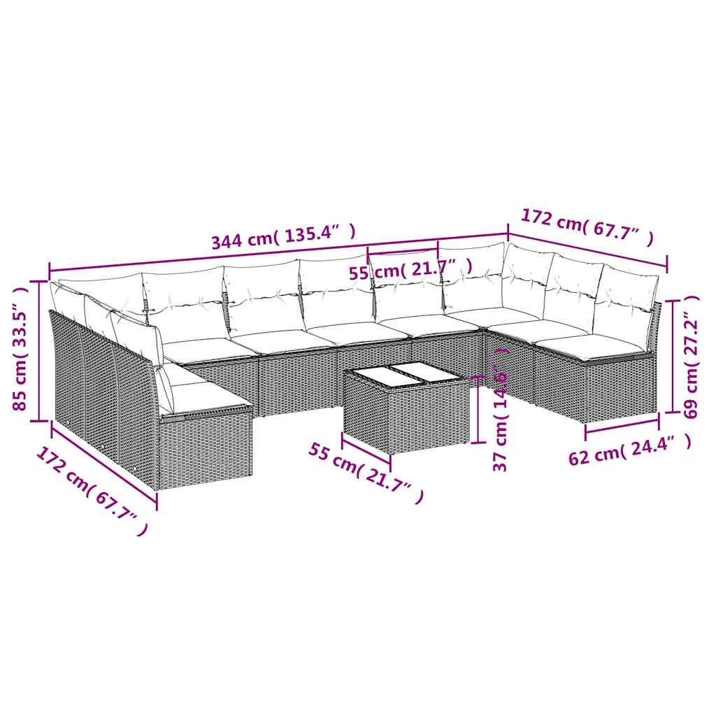 Set Divani da Giardino 11 pz con Cuscini Polyrattan Marrone