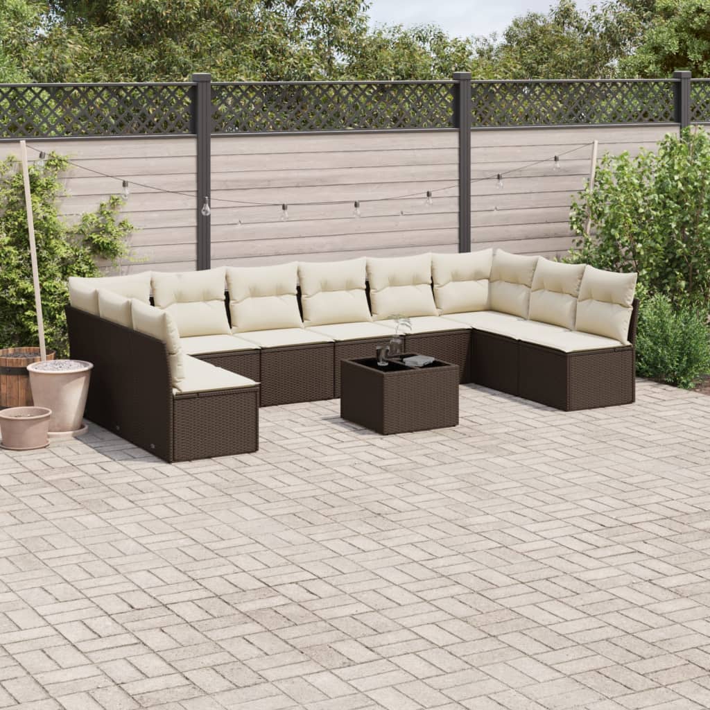 Set Divani da Giardino 11 pz con Cuscini Polyrattan Marrone