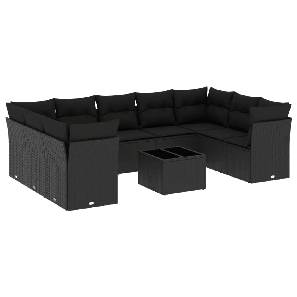 Set Divani da Giardino 10pz con Cuscini in Polyrattan Nero