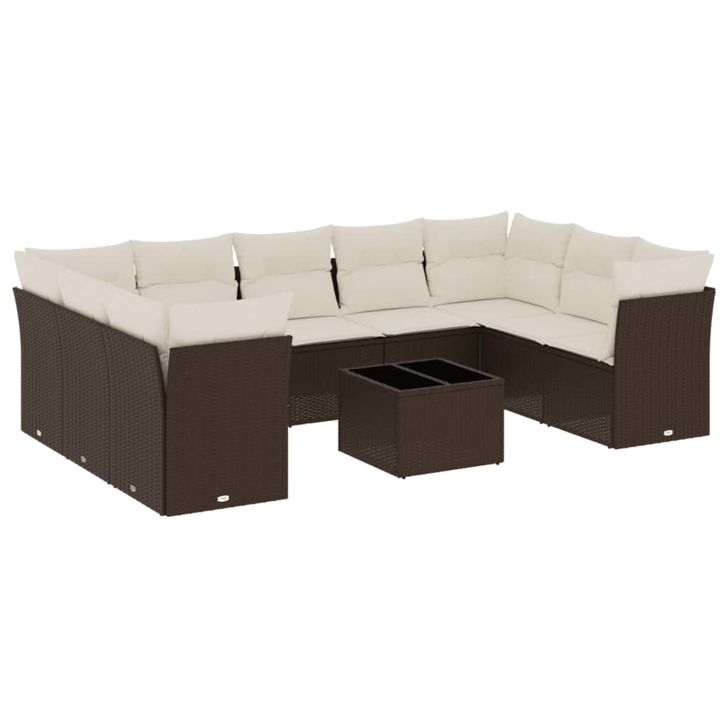 Set Divani da Giardino 10pz con Cuscini in Polyrattan Marrone