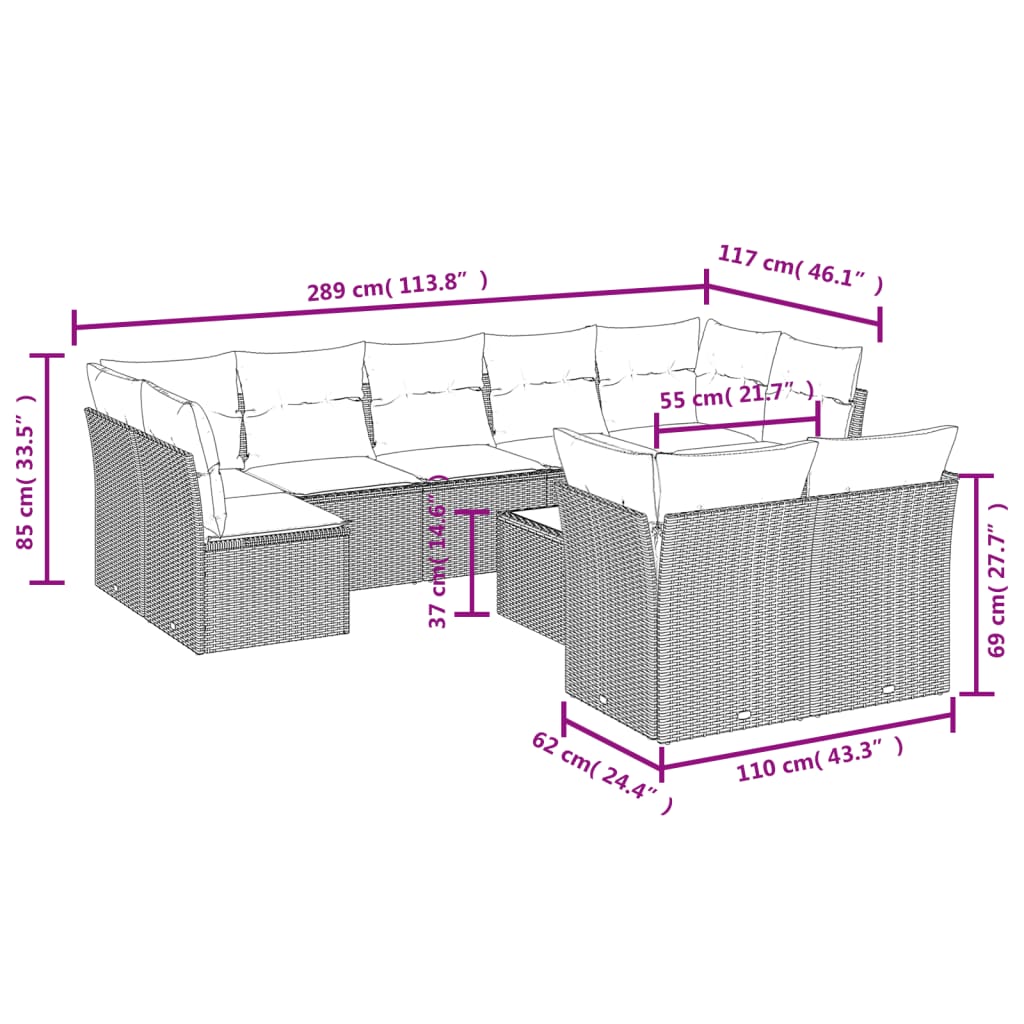 Set Divani da Giardino 10pz con Cuscini in Polyrattan Nero