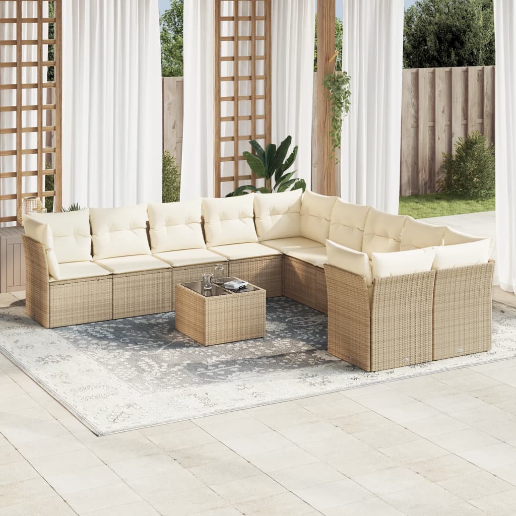 Set Divani da Giardino 11 pz con Cuscini Beige in Polyrattan