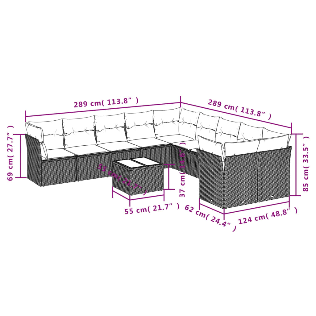 Set Divani da Giardino 11 pz con Cuscini Beige in Polyrattan