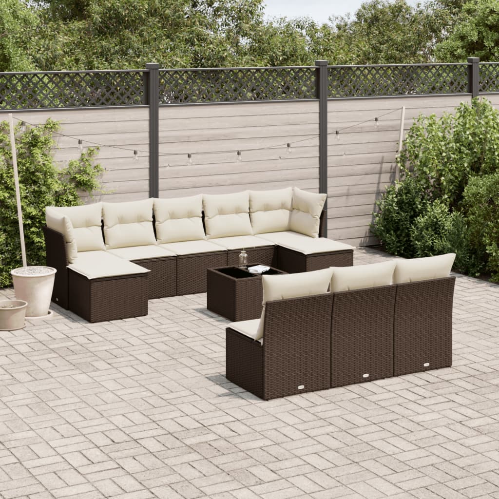 Set Divani da Giardino 11 pz con Cuscini Polyrattan Marrone