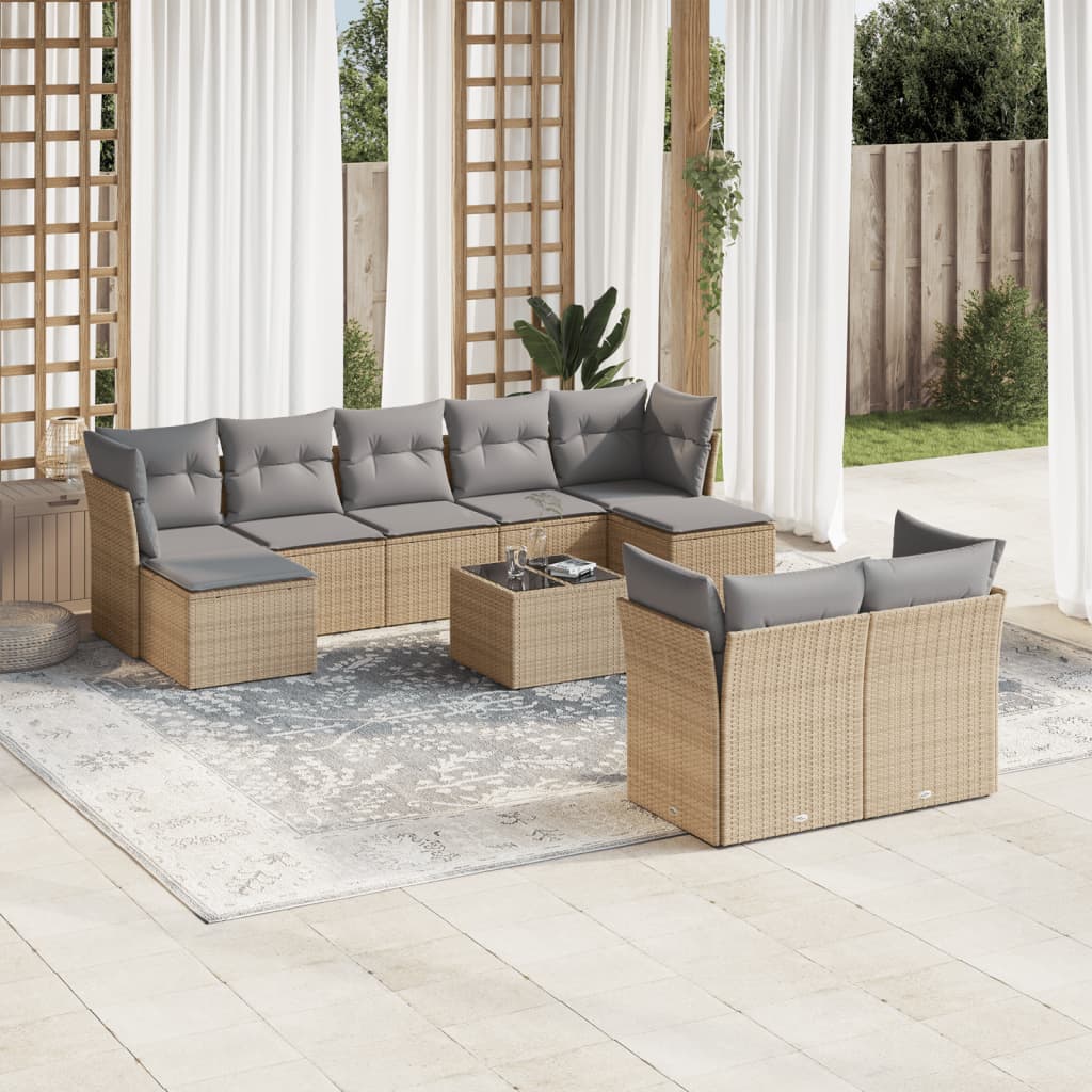 Set Divano da Giardino 10 pz con Cuscini Beige in Polyrattan