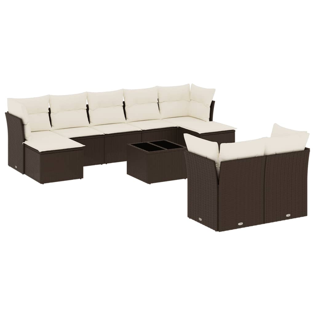 Set Divani da Giardino 10pz con Cuscini in Polyrattan Marrone