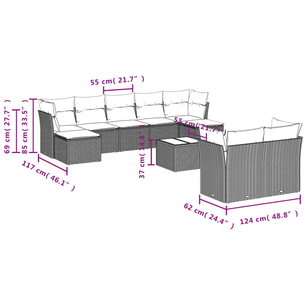 Set Divani da Giardino 10pz con Cuscini in Polyrattan Marrone