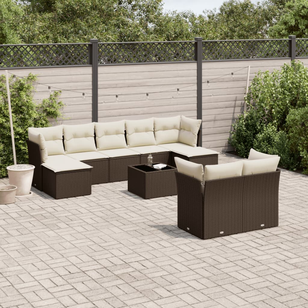 Set Divani da Giardino 10pz con Cuscini in Polyrattan Marrone