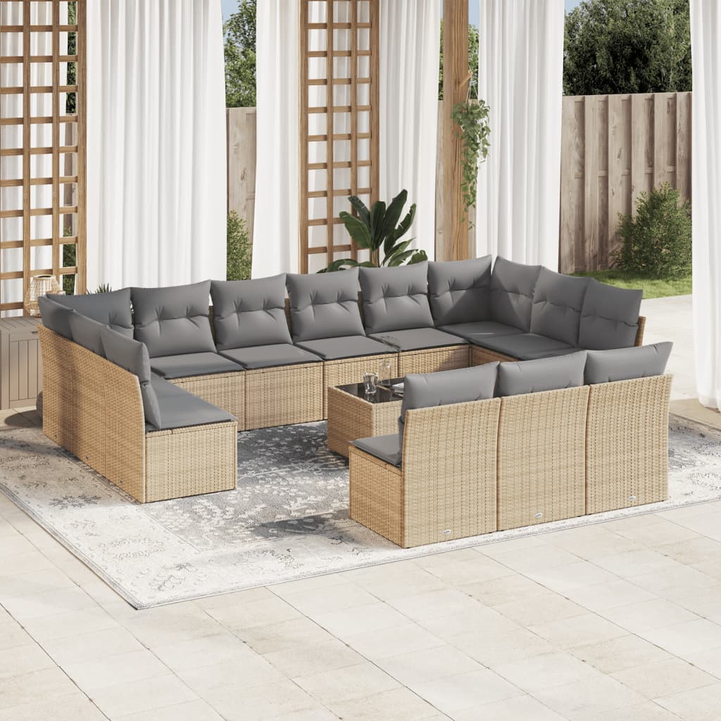 Set Divani da Giardino 14pz con Cuscini in Polyrattan Beige