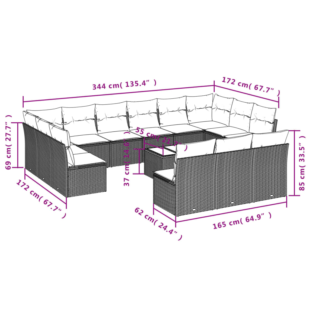 Set Divani da Giardino 14pz con Cuscini in Polyrattan Marrone