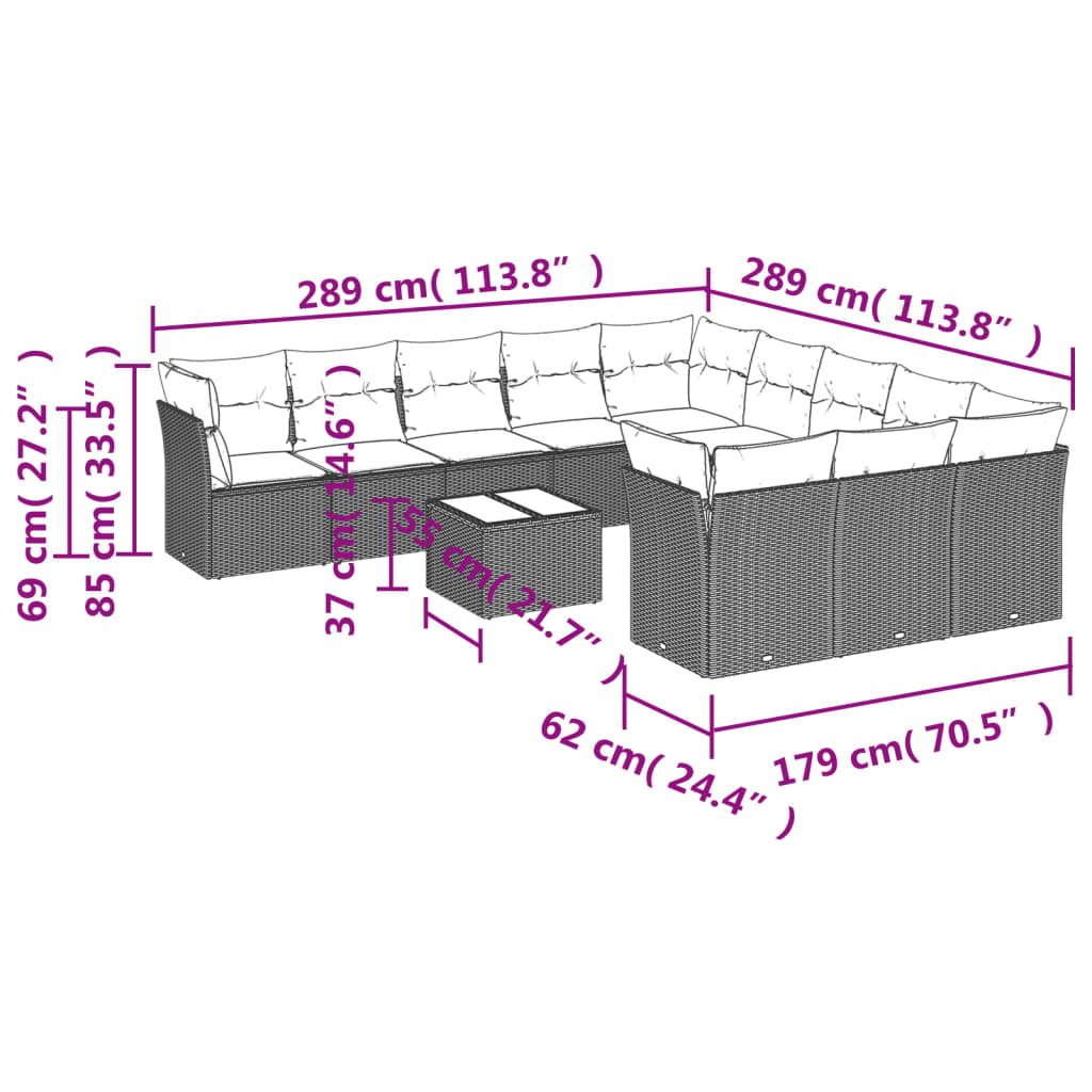 Set Divani da Giardino 12 pz con Cuscini Marrone in Polyrattan