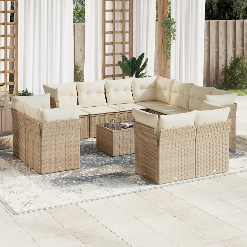 Set Divani da Giardino 12 pz con Cuscini Beige in Polyrattan