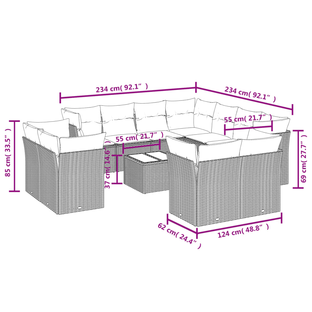 Set Divani da Giardino 12 pz con Cuscini Marrone in Polyrattan