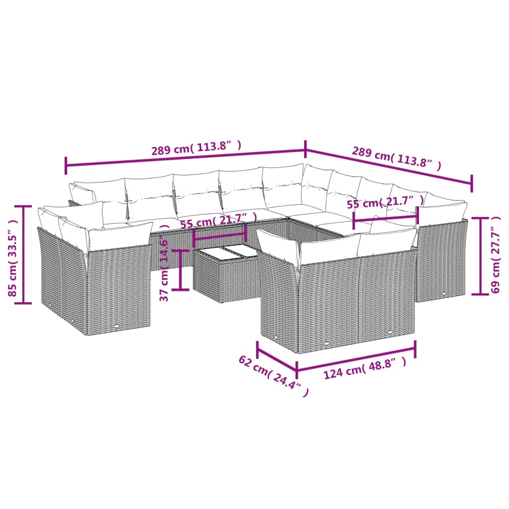 Set Divani da Giardino 14pz con Cuscini in Polyrattan Marrone