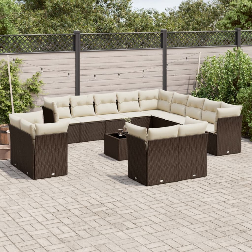 Set Divani da Giardino 14pz con Cuscini in Polyrattan Marrone