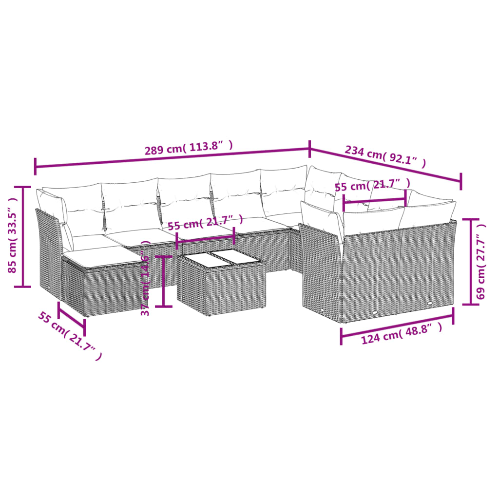 Set Divani da Giardino 11 pz con Cuscini Polyrattan Marrone