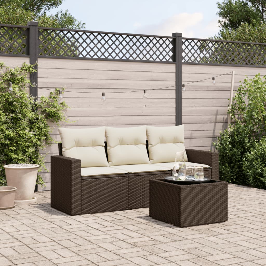 Set Divano da Giardino 4 pz con Cuscini Marrone in Polyrattan