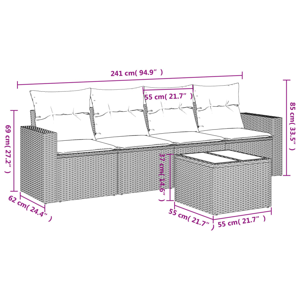 Set Divano da Giardino 5 pz con Cuscini Grigio in Polyrattan