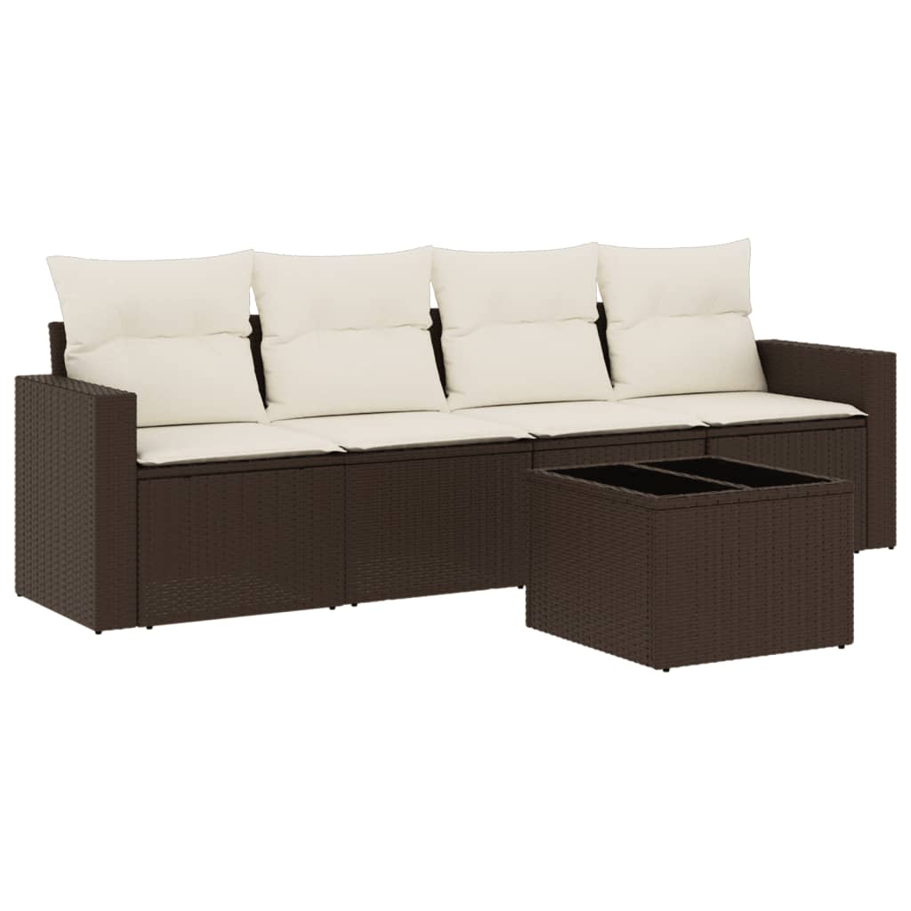 Set Divano da Giardino 5 pz con Cuscini Marrone in Polyrattan