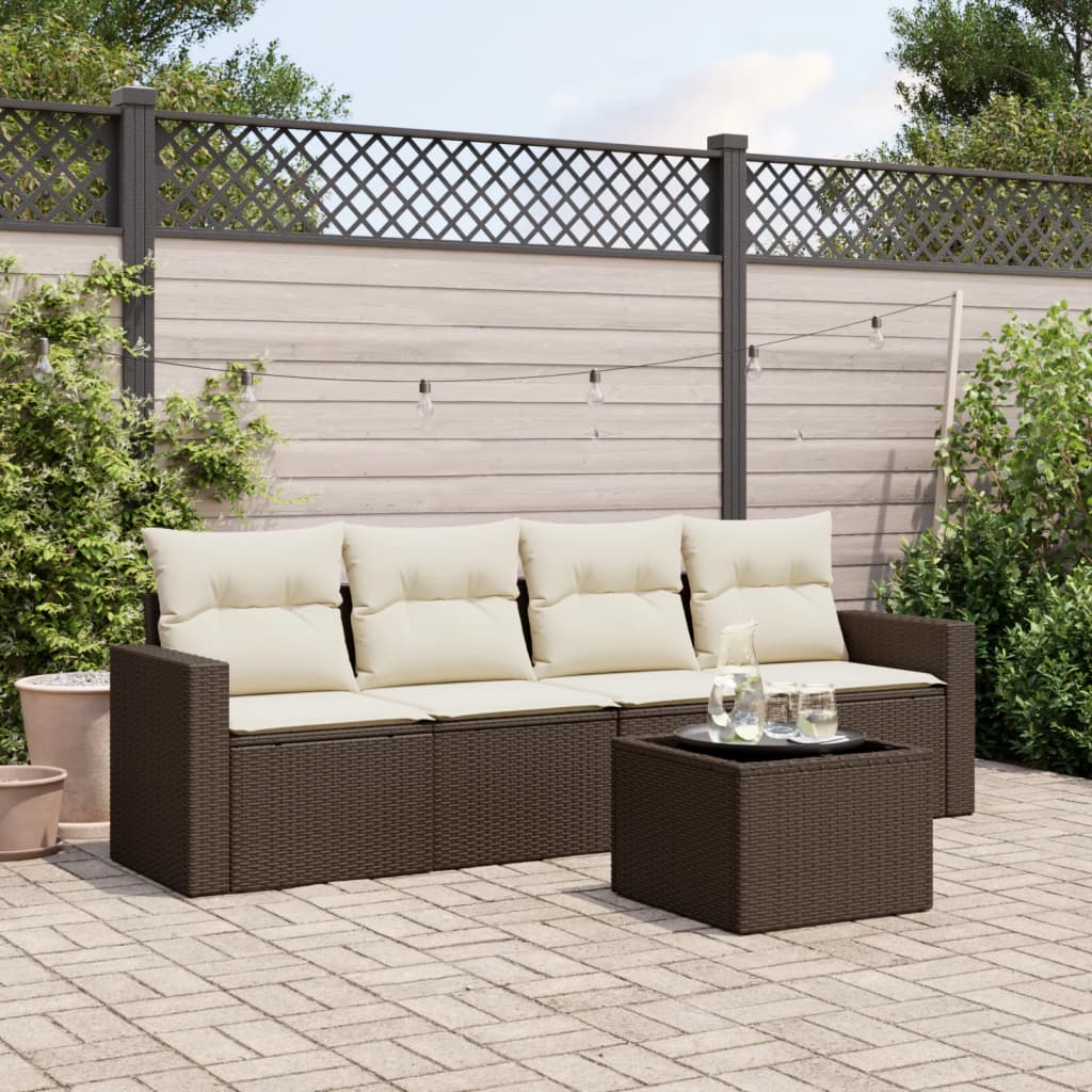 Set Divano da Giardino 5 pz con Cuscini Marrone in Polyrattan