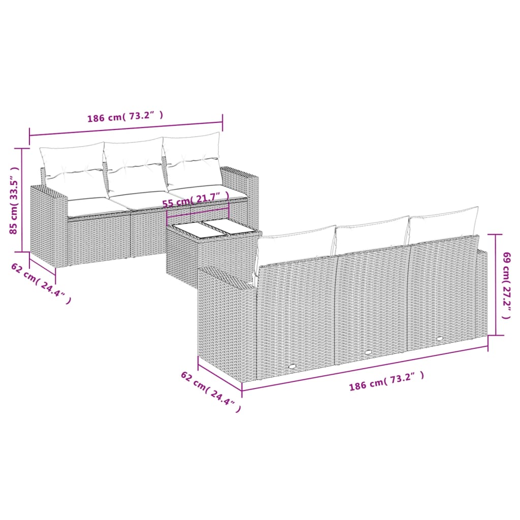 Set Divani da Giardino 7 pz con Cuscini Grigio in Polyrattan